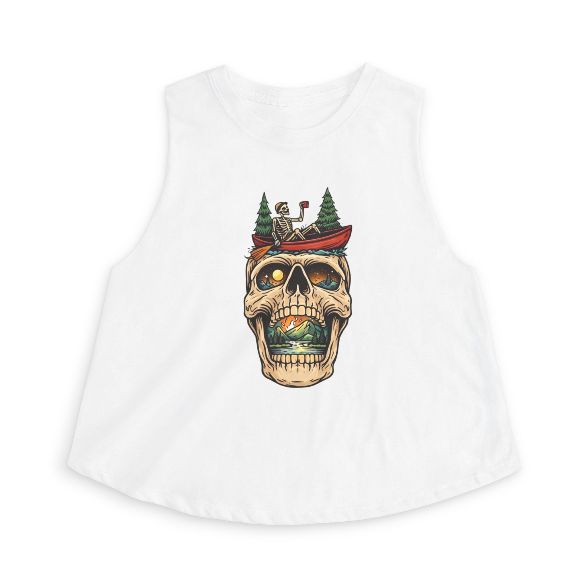 Skull Canoe Crop Top | Adventure Lake Graphic Tank Top for Women