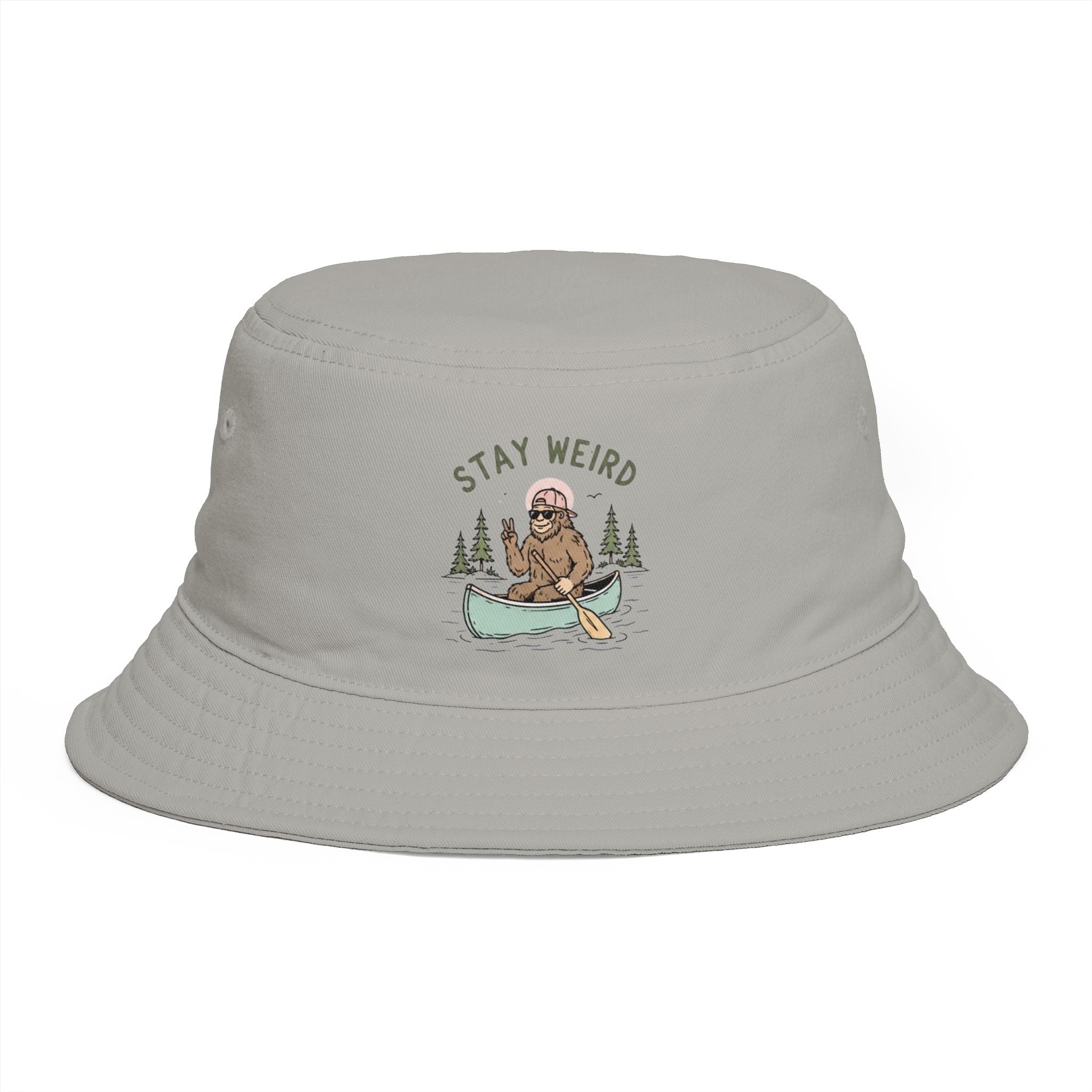Stay Weird Bucket Hat — Cute Sasquatch Canoe Graphic, Outdoor Adventure Cap