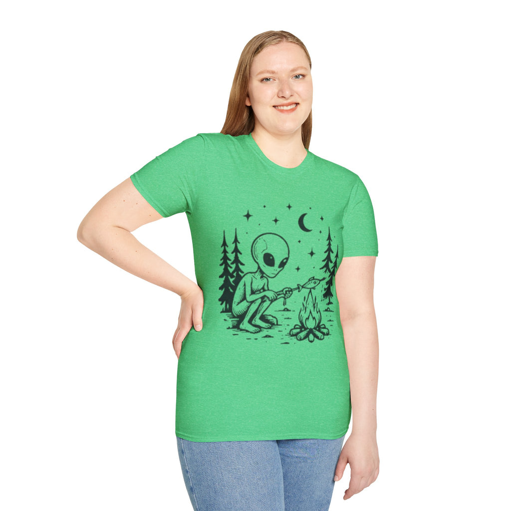 Alien Camping T-Shirt | Cute Space Alien Roasting Fish Graphic Tee
