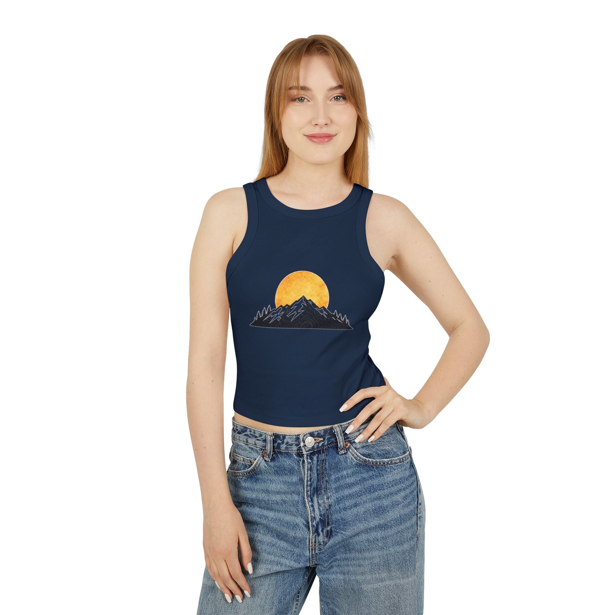 Sunset Mountain Racer Tank | Womens Cropped Graphic Tank Top
