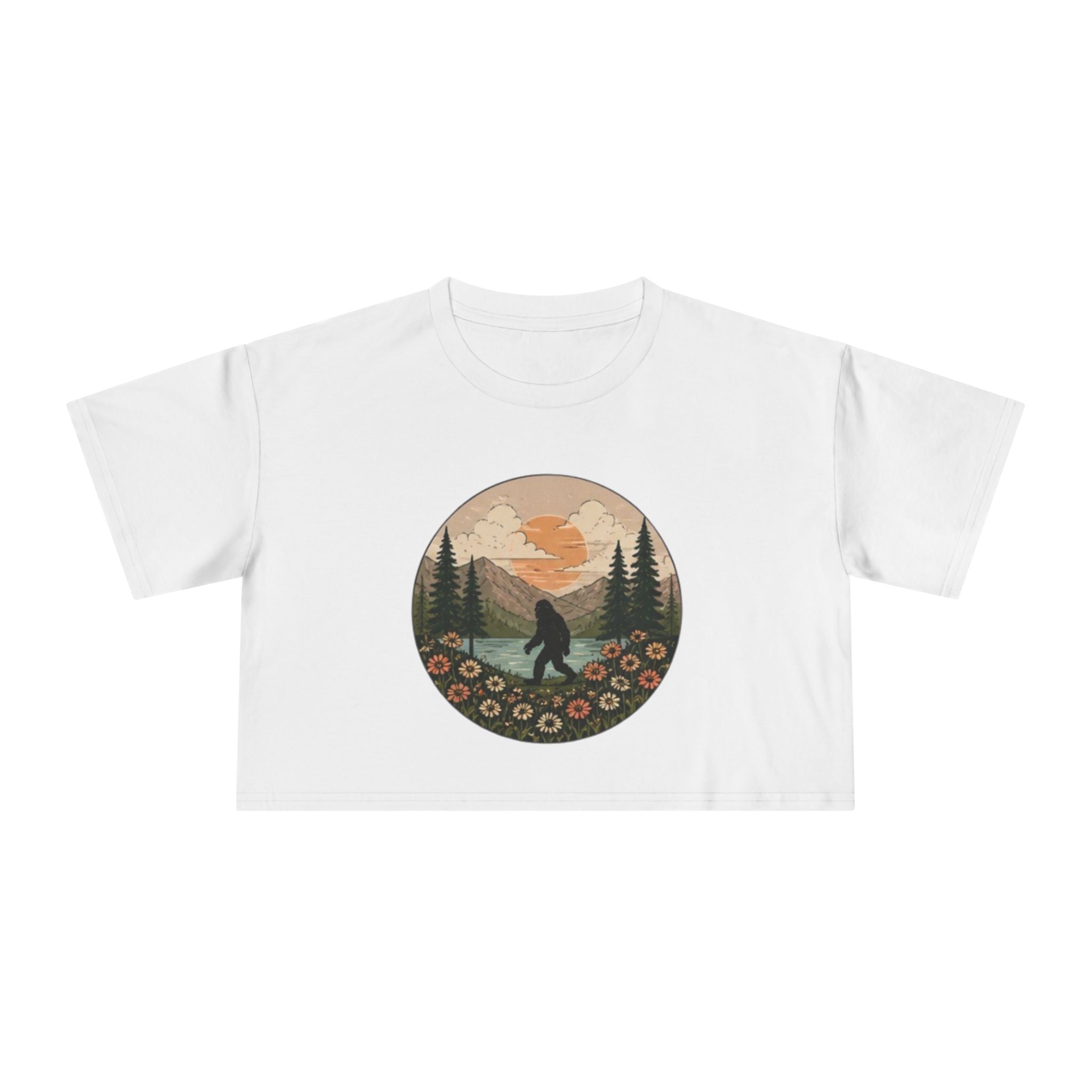 Bigfoot Sunset Crop Tee | Retro Mountain Floral Sasquatch Design