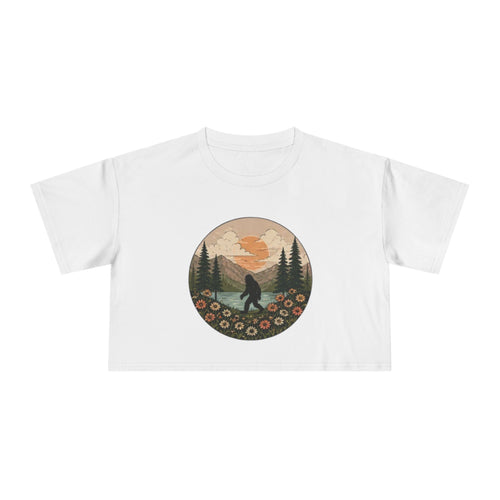 Bigfoot Sunset Crop Tee | Retro Mountain Floral Sasquatch Design