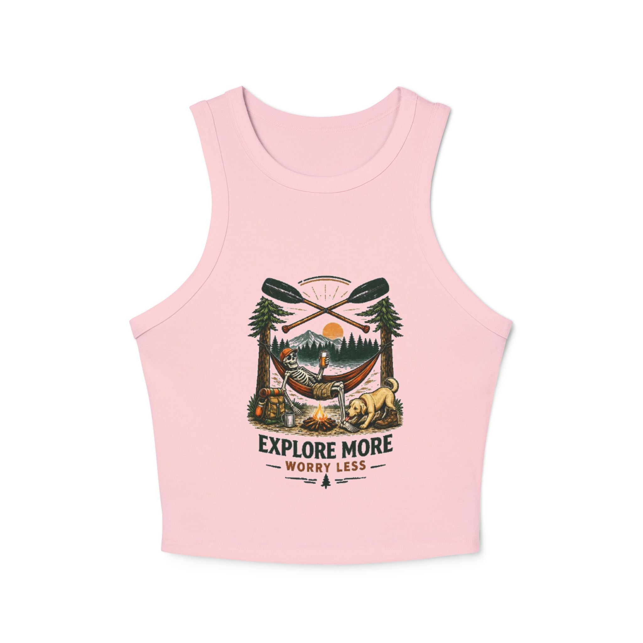 Explore More Worry Less Racer Tank | Womens Adventure Graphic Tank Top